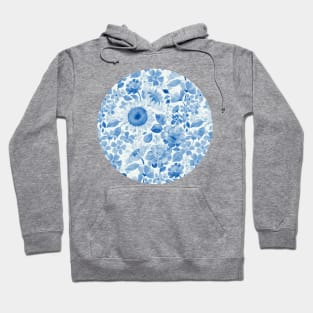 Denim Blue Monochrome Retro Floral Hoodie